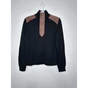 Vintage Ralph Lauren Qtr Zip Pullover Sweater Black Leather Patchwork Large
